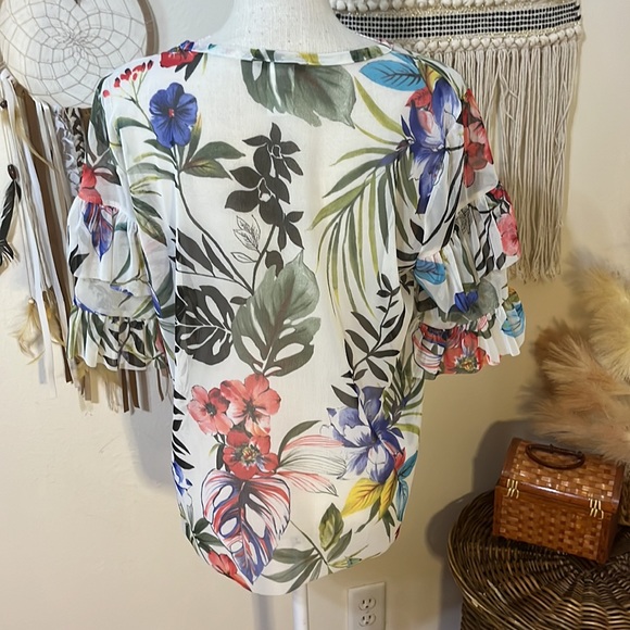 Mesh Floral Print Top with Double Ruffled Sleeves/ Sheer   Mesh Top/ Size Large - Picture 5 of 8
